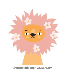 León lindo con flores. Ilustración vectorial moderna. La vida en la jungla. Ilustración vectorial. Animales divertidos de garabatos. 