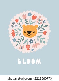 Cute lion with flowers. Modern vector illustration. Jungle life clipart. Vector illustration. Funny doodle animals. 