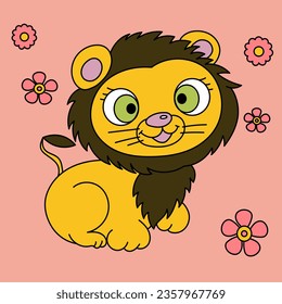 Cute lion with flowers smiles