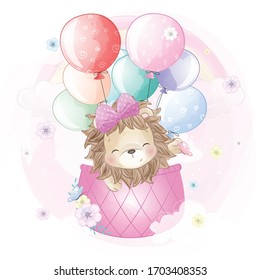 Cute lion flying with air balloon