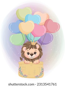 Cute Lion flying with air balloon, baby shower