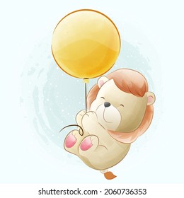 Cute Lion Flying with Balloon cartoon illustration watercolor style