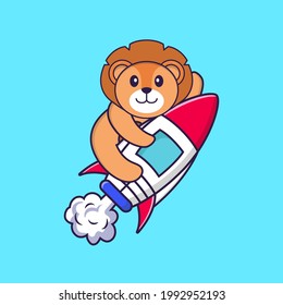 Cute lion flying on rocket. Animal cartoon concept isolated. Can used for t-shirt, greeting card, invitation card or mascot.