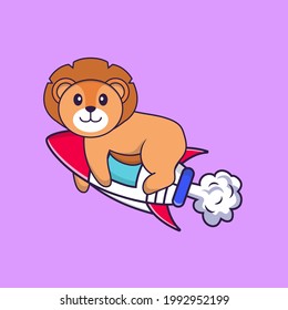 Cute lion flying on rocket. Animal cartoon concept isolated. Can used for t-shirt, greeting card, invitation card or mascot.