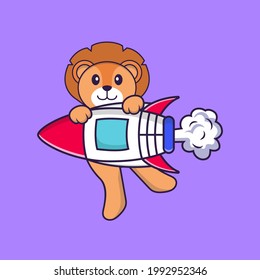 Cute lion flying on rocket. Animal cartoon concept isolated. Can used for t-shirt, greeting card, invitation card or mascot.