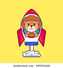 Cute lion flying on rocket. Animal cartoon concept isolated. Can used for t-shirt, greeting card, invitation card or mascot.