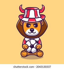 cute lion football supporter with ball and hat, suitable for football fans t-shirt or animal icon design