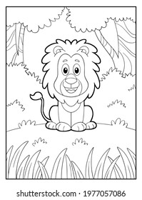 Cute lion with forest background black and white coloring page illustration.