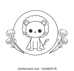 cute lion in frame circular with flowers