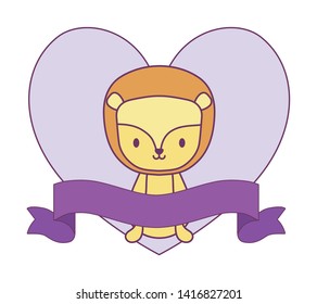 cute lion in frame with heart shape and ribbon
