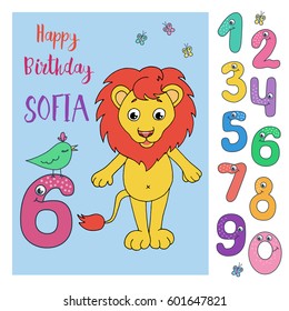 Cute lion with cute and funny colorful number characters from 0 to 9. Can be used for birthday cards, baby announcement, invitations. Cartoon vector illustration on white background for children.