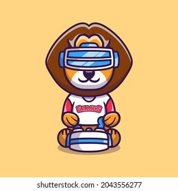 cute lion gamer playing game with virtual reality headset, suitable for t-shirt design or e sport club mascot