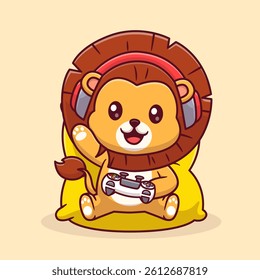 Cute Lion Gaming Cartoon Vector Icon Illustration. Animal Technology Icon Concept Isolated Premium Vector. Flat Cartoon Style
