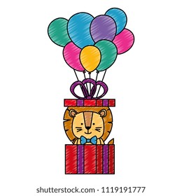 cute lion in gift and balloons helium