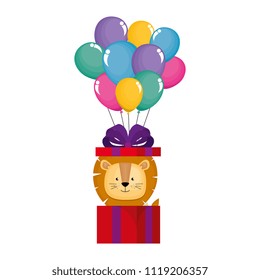 cute lion in gift and balloons helium