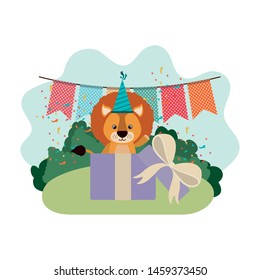 cute lion with gift box in landscape