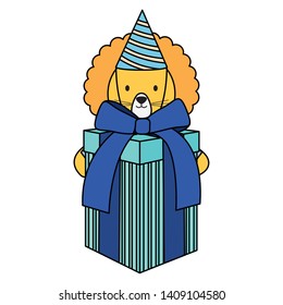 cute lion with giftbox and hat in party celebration