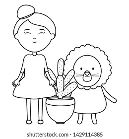 cute lion and girl with exotic cactus in ceramic pot