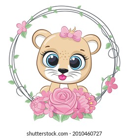 Cute lion girl with flowers and a wreath. Vector illustration of a cartoon.