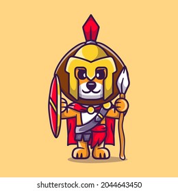 cute lion gladiator spartan with shield and spear, suitable for t-shirt designs or cute animal spartan mascots