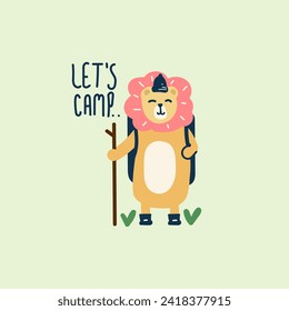 Ilustración vectorial de acampada de león corto para tejidos, textiles e impresos