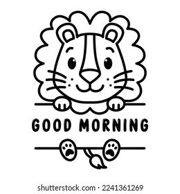 Cute lion with good morning sentence cartoon characters vector illustration. For kids coloring book.