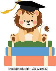 León lindo con gorro de graduación sentado encima de los libros
