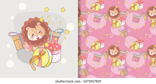 cute lion greeting card and pattern set