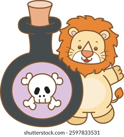 Cute Lion Halloween vector icon. Funny baby Lion animal series Halloween illustration.
baby lion with toxic potion
