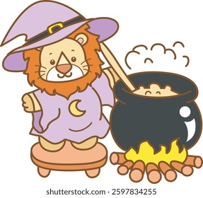 Cute Lion Halloween vector icon. Funny baby Lion animal series Halloween illustration.
baby witch lion cooking a potion
