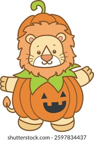 Cute Lion Halloween vector icon. Funny baby Lion animal series Halloween illustration.
baby lion with pumpkin and scream face costume
