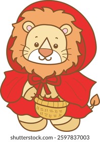 Cute Lion Halloween vector icon. Funny baby Lion animal series Halloween illustration.
baby lion with red riding hood costume