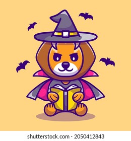 cute lion halloween witch reading a book, suitable for cute animal halloween t-shirts or mascot designs