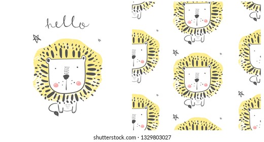 Cute lion . hand drawn color character with seamless pattern. Can be used for t-shirt print, kids wear fashion design, baby shower invitation card. - Vector