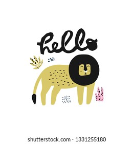 Cute lion hand drawn illustration. African predator cartoon character. Hello lettering. Rainforest, savanna animal. King of jungle. Zoo, safari mammal. Travel postcard, kid??s greeting card design