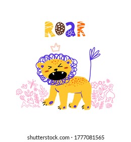 Cute lion hand drawn illustration vector. Dangerous growling lion. Baby design for birthday invitation or baby shower, poster, clothing, nursery wall art and postcard. hand drawn