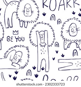 Cute lion and hand lettering. Funny cartoon lion seamless pattern. Nursery hand drawn vector doodle design for girls, boys, kids. Hand drawn children's pattern for fashion clothes, shirt, fabric
