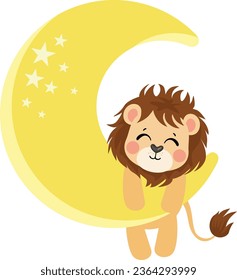 Cute lion hanging on yellow moon