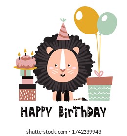 Cute lion. Happy Birthday cartoon vector illustration