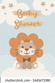 Cute Lion. happy birthday party invitation card design, baby shower invitation card design template.