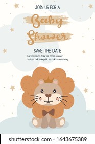 Cute Lion. happy birthday party invitation card design, baby shower invitation card design template.