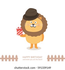 cute lion with happy birthday. vector illustration