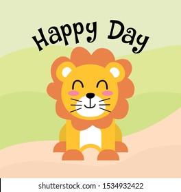 Cute Lion Happy Day design with green background, good for icon, mascot, card, banner, poster, print and other uses.