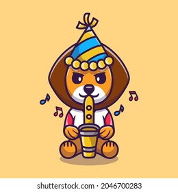 cute lion happy new year with trumpet and hat, suitable for happy new year t-shirt or mascot design