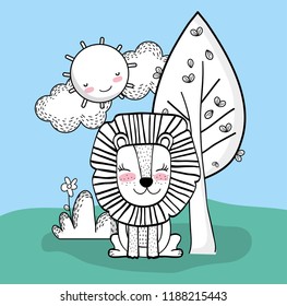 cute lion with happy sun and clouds