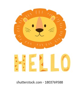 Cute lion head in cartoon style with HELLO sign. Bright orange and yellow colors. Perfect for kids textile, postcards, baby shower for boy. Isolatetd on white background. Vector EPS10