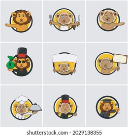 Cute Lion Head Circle Label set, Yellow Colors Background, Cartoon, Mascot, Animals, Character, Vector and Illustration.
