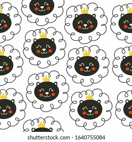 Cute lion head with crown and mane, geometric seamless pattern in scandinavian style on spruce background, vector. For printing on textiles, clothes, wallpaper in the nursery. Cute background for kids
