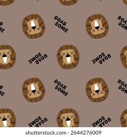 cute lion head drawing and slogan for kids fashion pattern as vector