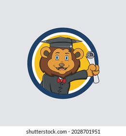 Cute Lion Head Graduate Circle Label , Yellow Colors Background, Cartoon, Mascot, Animals, Character, Vector and Illustration.